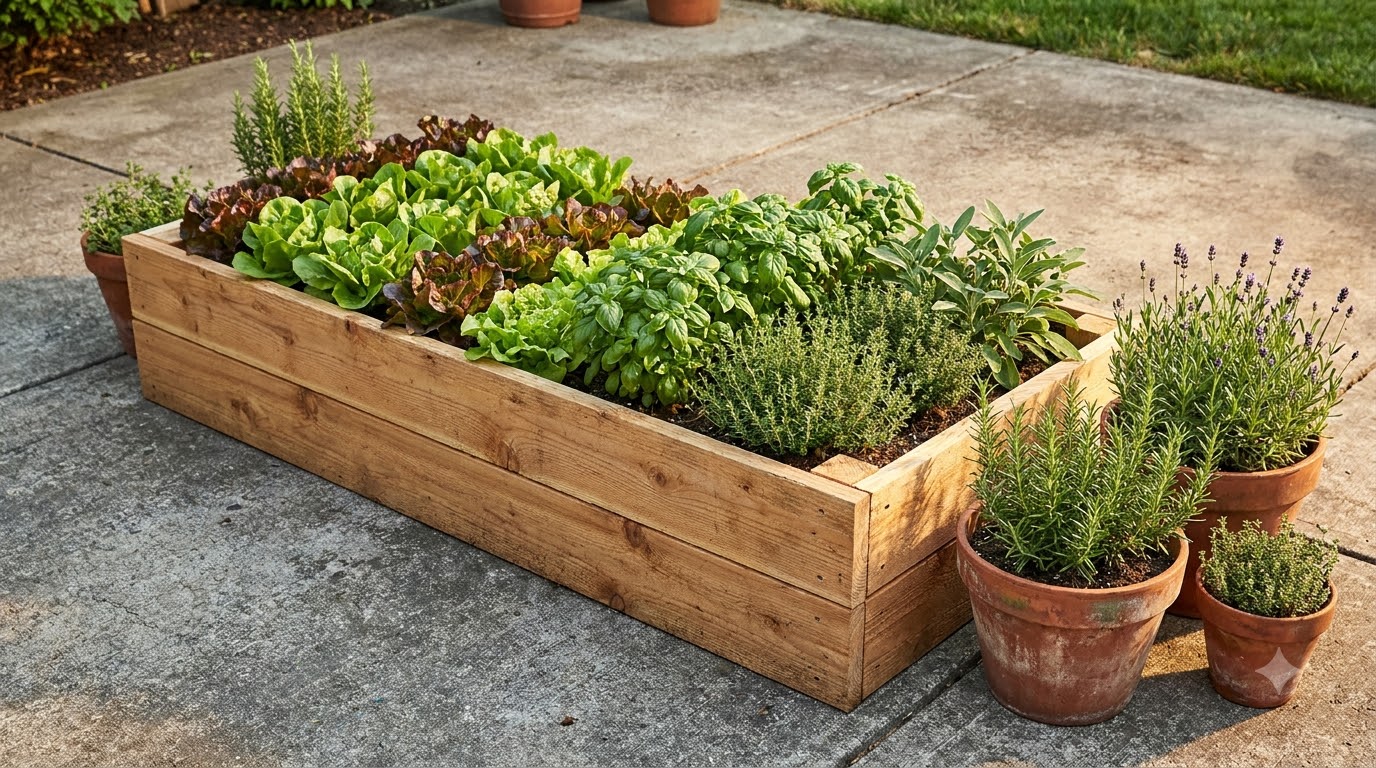 Tall raised garden bed built on a concrete patio surrounded by potted plants