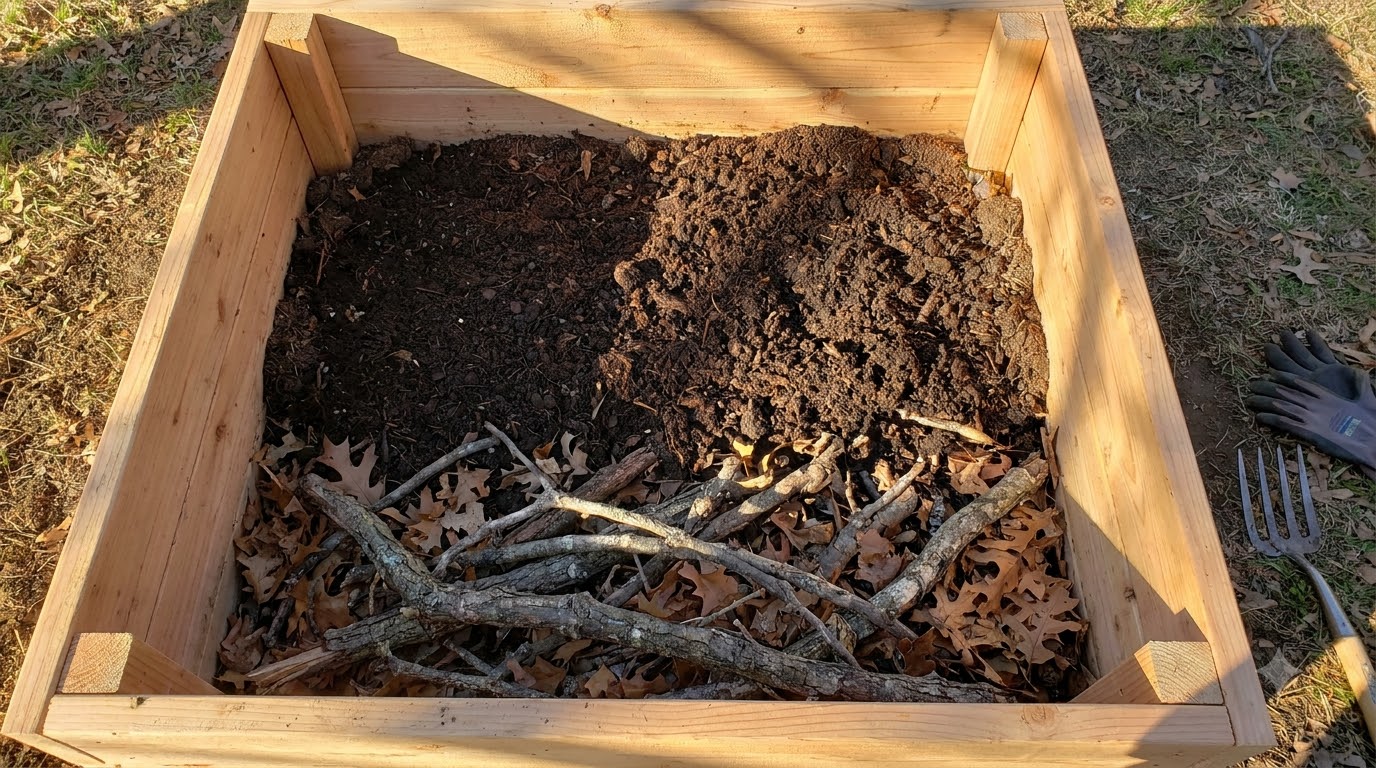 Deep raised bed partially filled with branches and leaves before adding soil