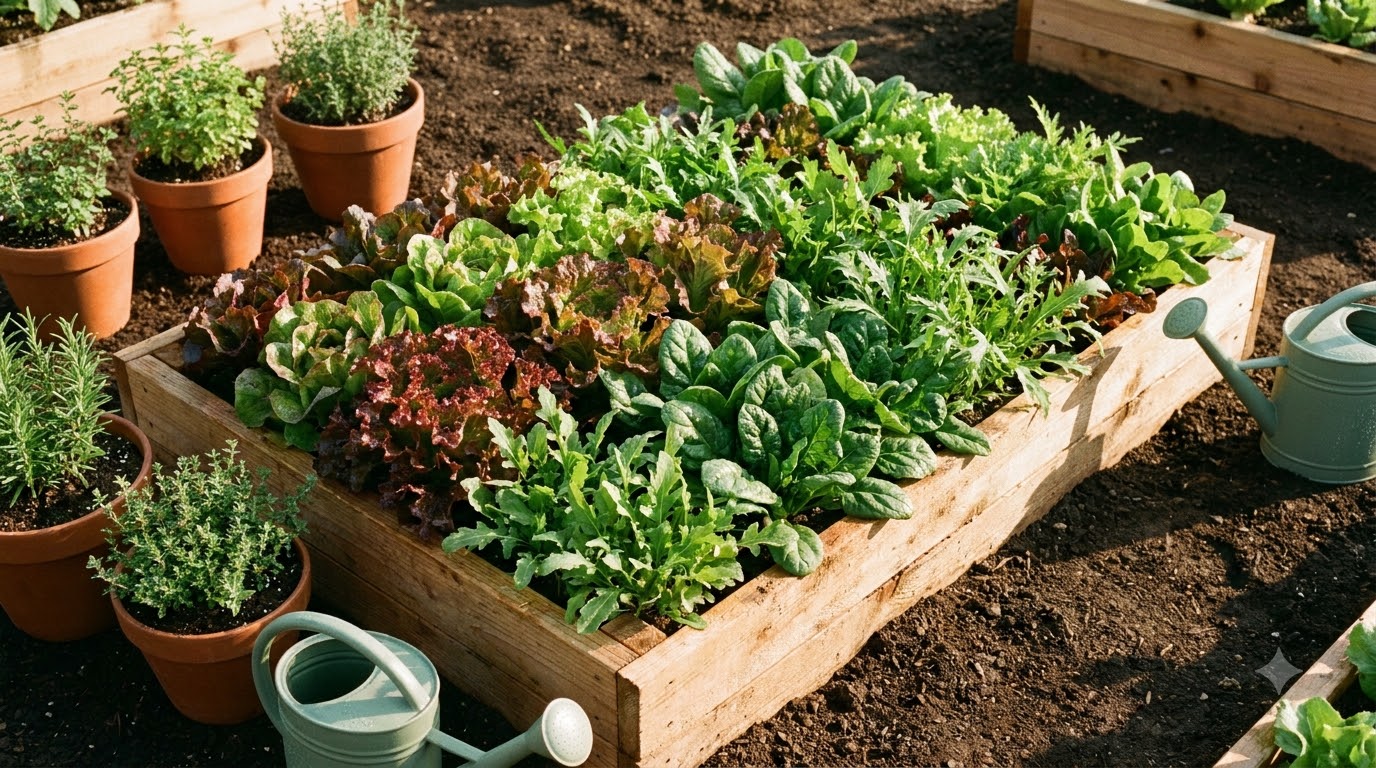 Shallow raised garden bed planted with lettuce and salad greens