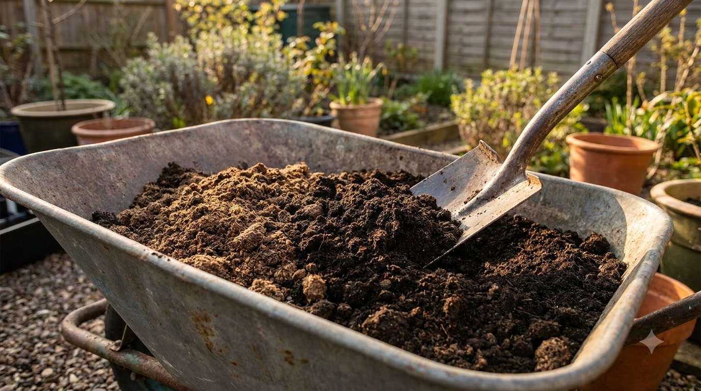 Wheelbarrow with topsoil and compost being mixed with a shovel
