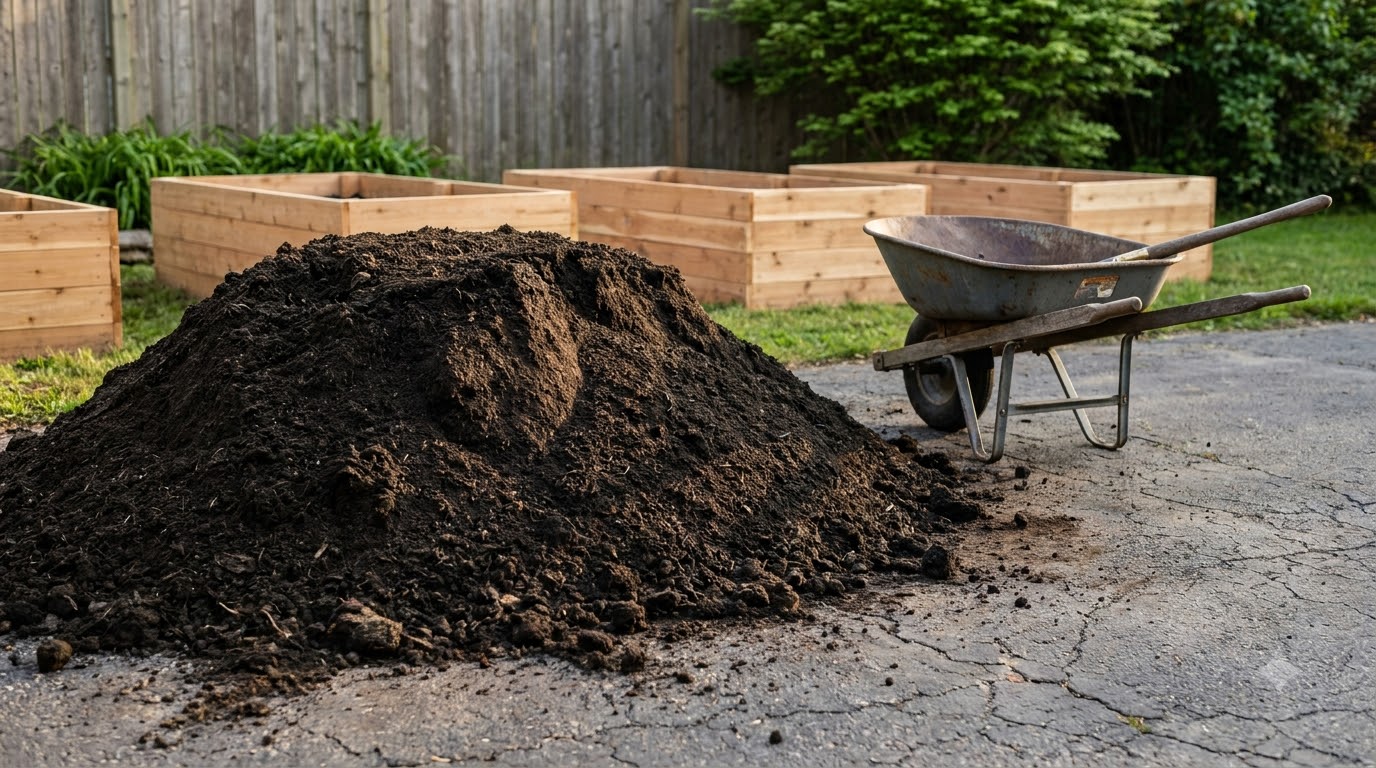 Bulk pile of garden soil delivered on a driveway next to raised beds