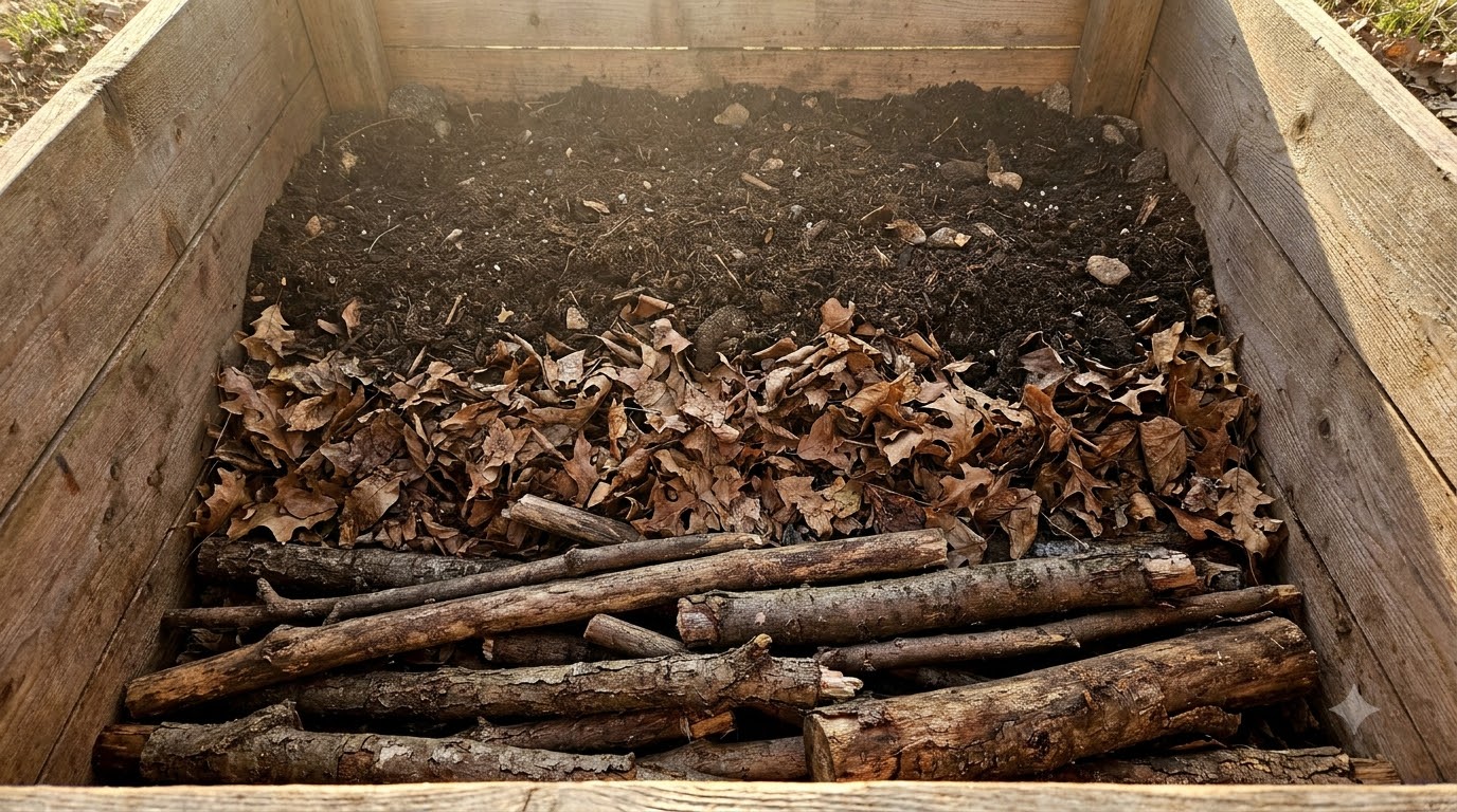 Raised bed being filled in layers with logs, leaves and soil