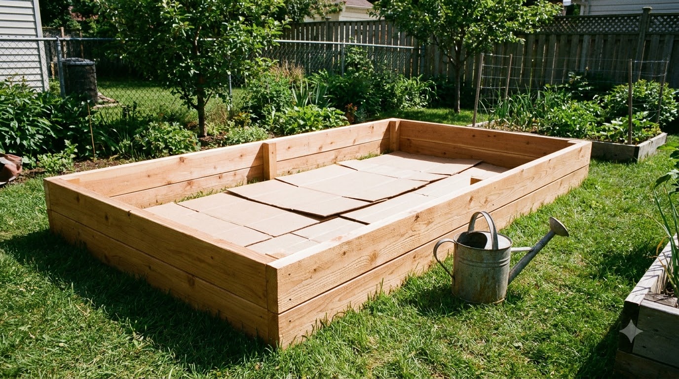 Plain cardboard laid inside a raised bed frame over grass before filling