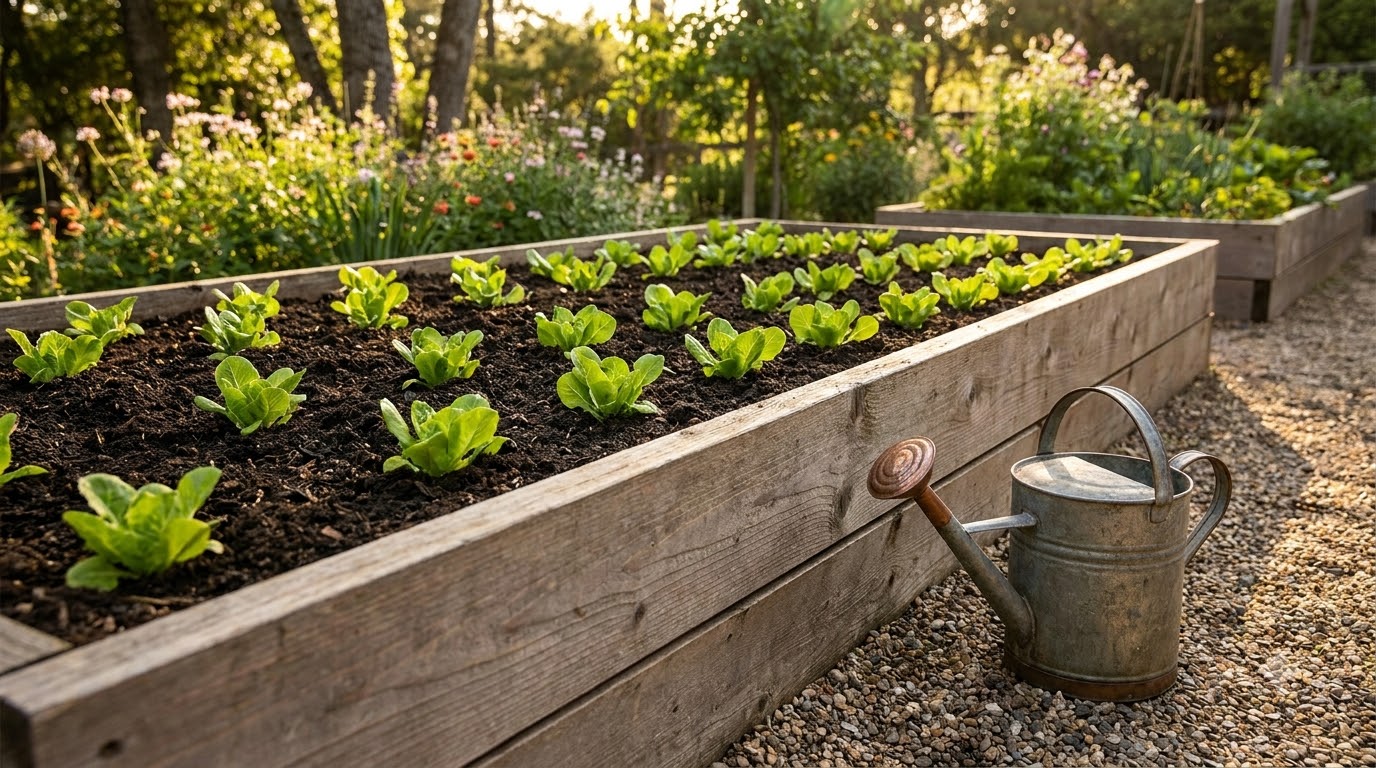 Freshly filled and planted raised garden bed watered in