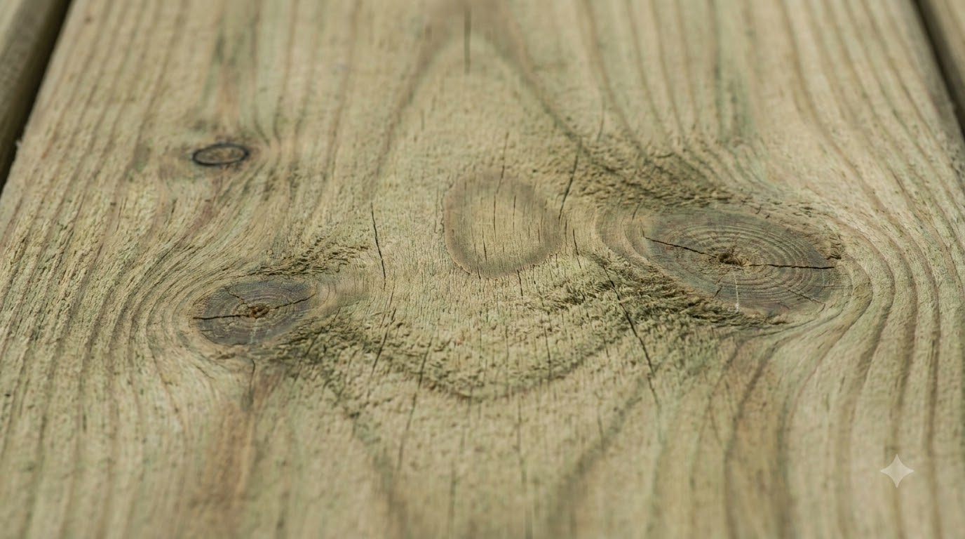 Close-up of modern pressure-treated lumber showing its green-brown tint