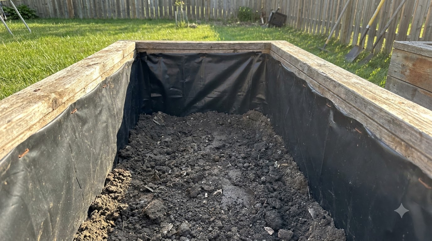 Raised bed with plastic lining stapled along the inside walls