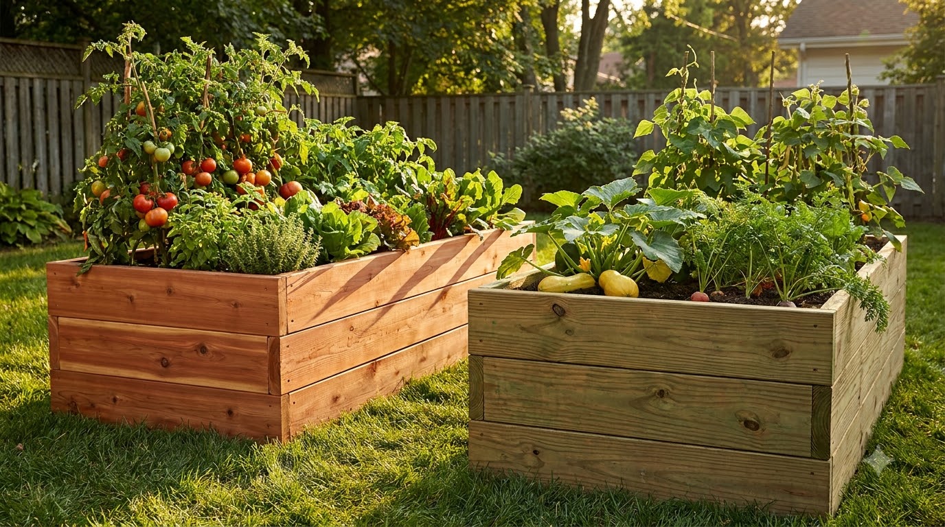 Cedar raised bed and pressure-treated raised bed side by side