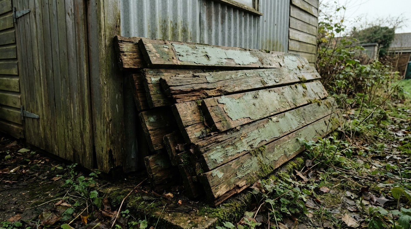 Old weathered greenish lumber boards of unknown age