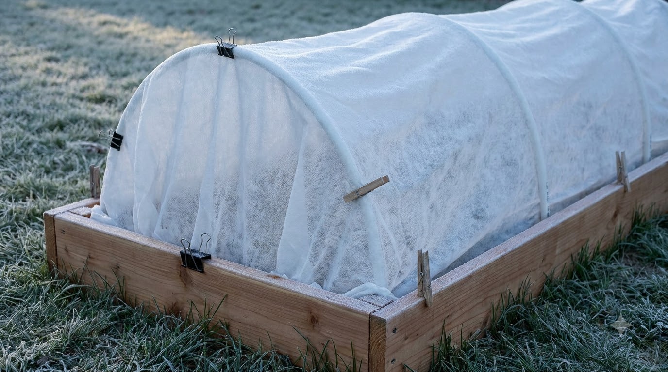 Frost cloth clipped over hoops on a raised bed on a cold morning