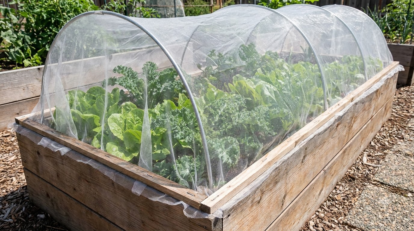 Fine insect netting sealed over a raised bed of leafy greens