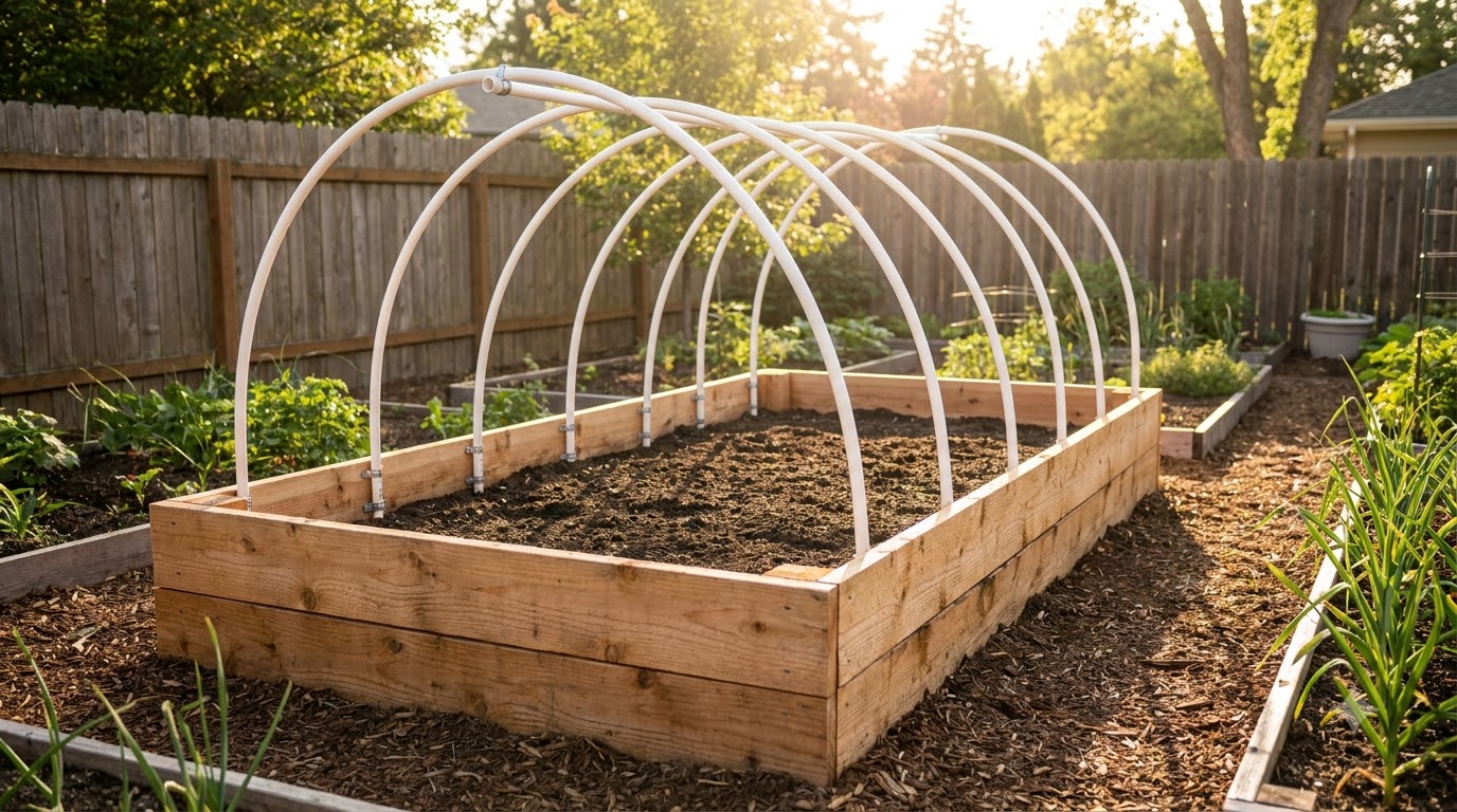 Bare hoop frame of PVC pipes mounted on a raised bed before covering
