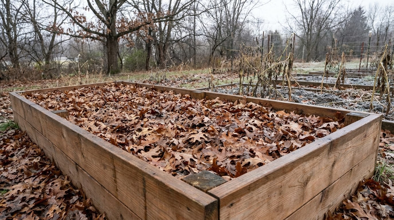 Raised bed covered with a thick layer of autumn leaves for winter