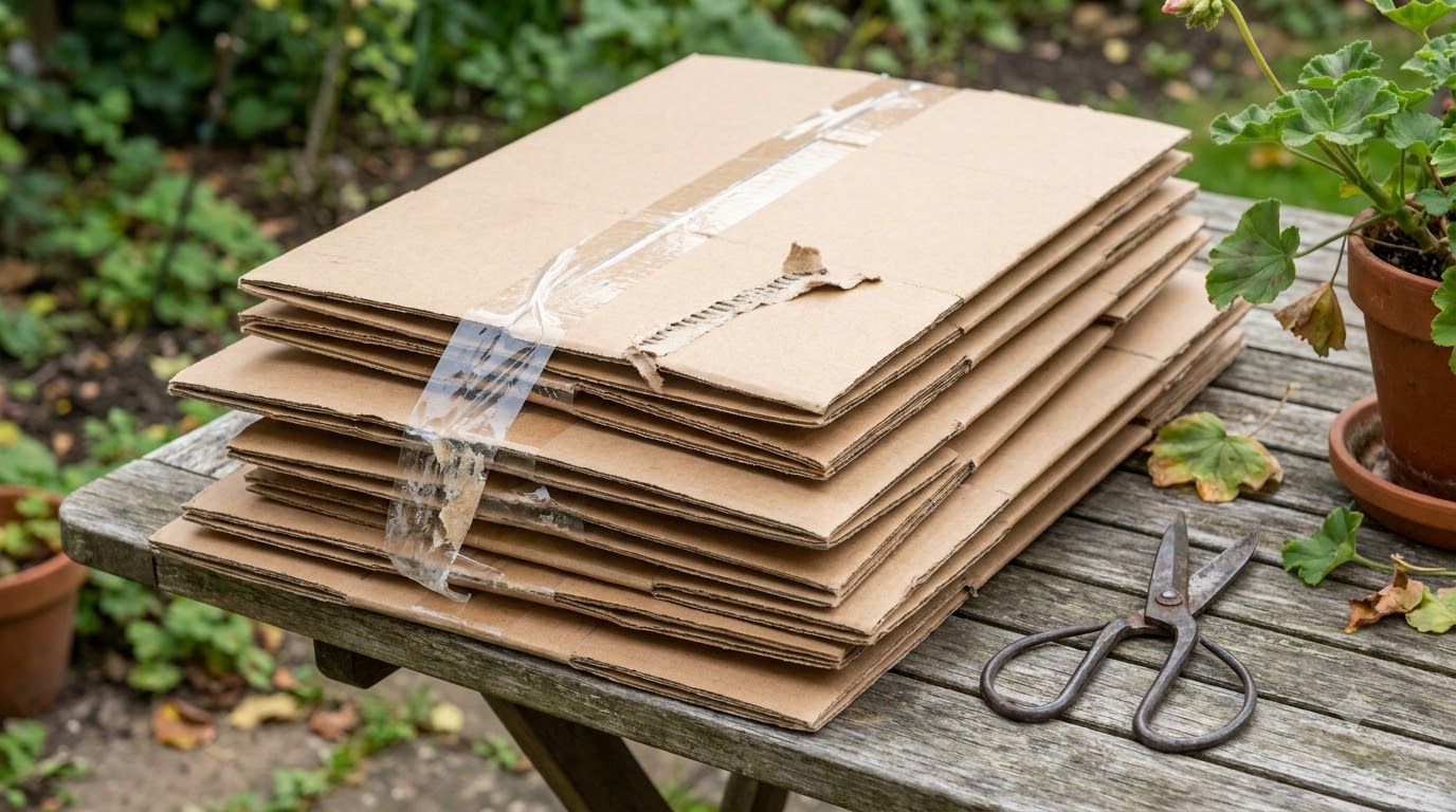 Flattened cardboard boxes with plastic tape being peeled off