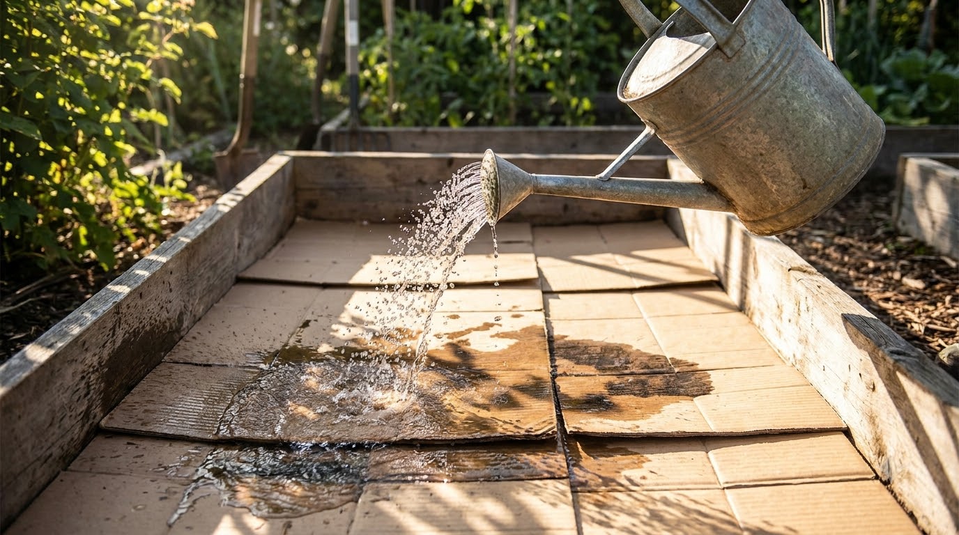 Watering can soaking cardboard sheets inside a raised bed frame