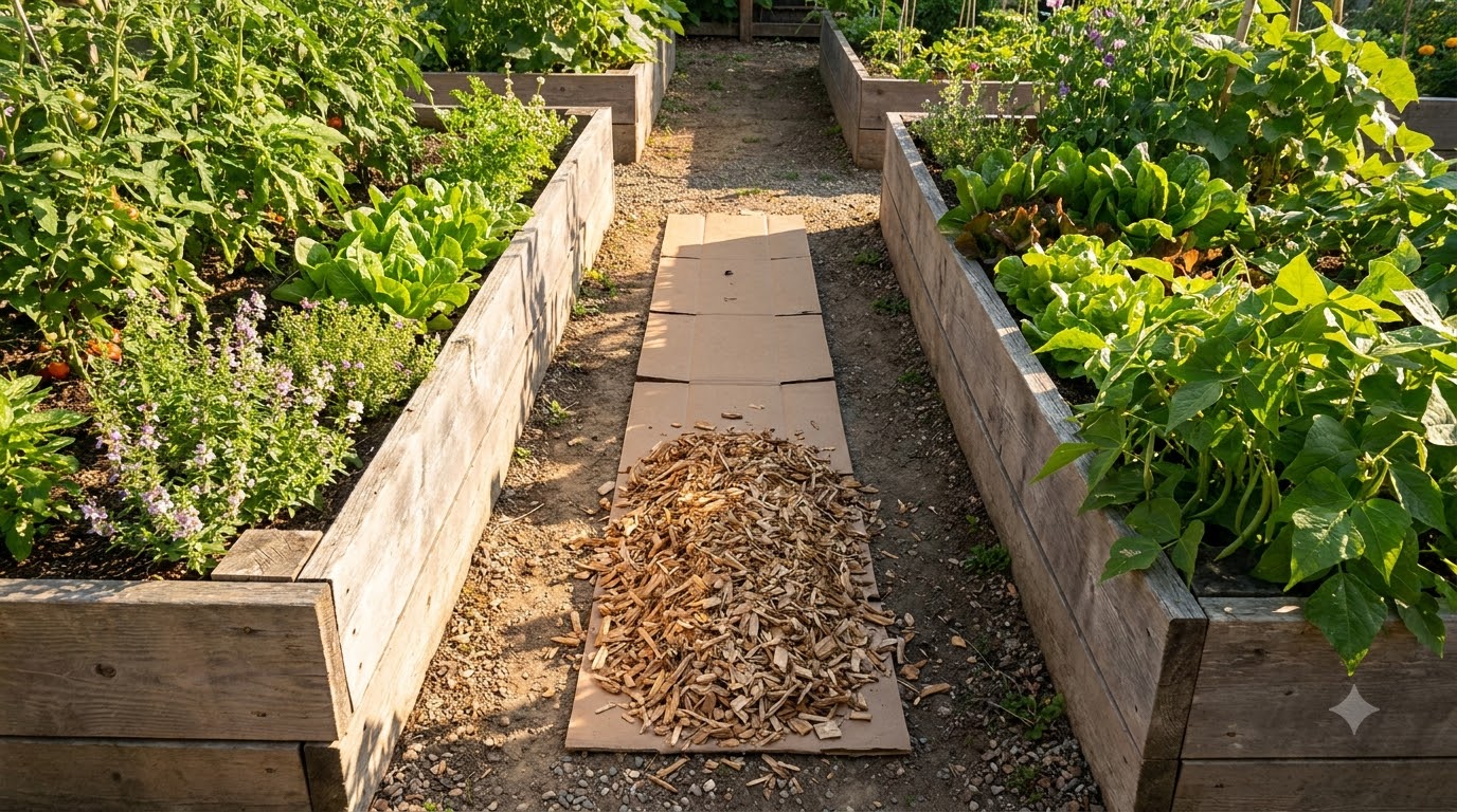Garden path between raised beds with cardboard under fresh wood chips