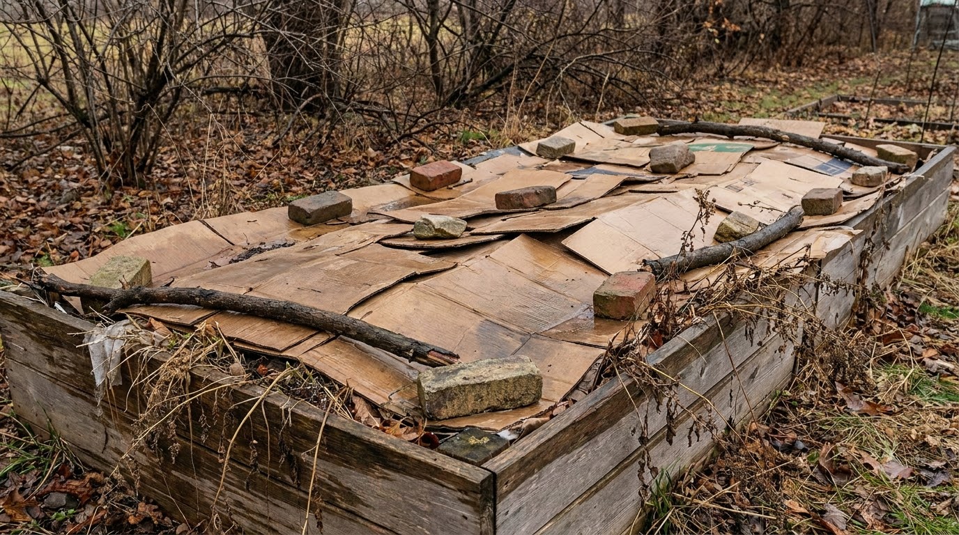 Weedy raised bed covered with cardboard weighted by bricks for winter
