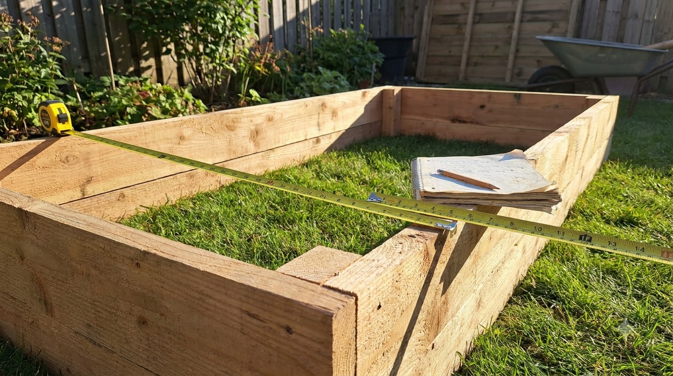 Empty raised bed frame with tape measure checking width on a lawn