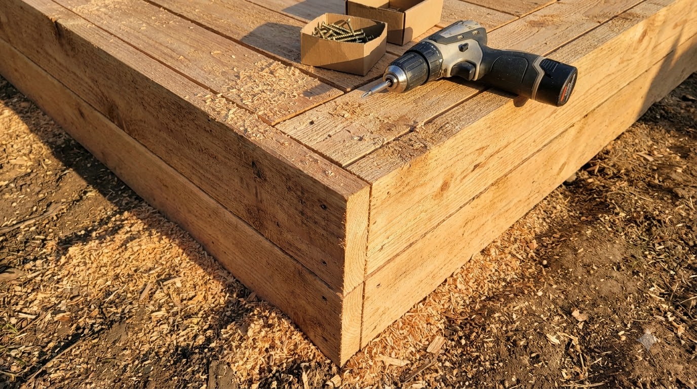 Close-up of a raised bed corner being screwed together