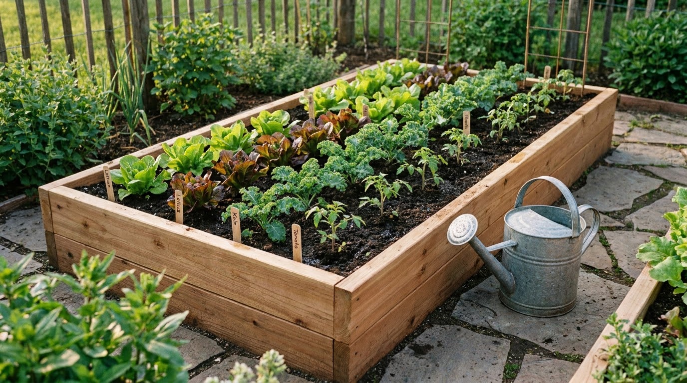Freshly filled raised bed planted with young vegetable seedlings in rows