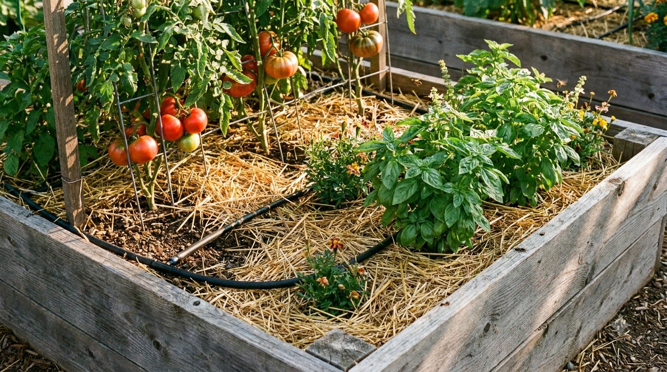 Raised bed in midsummer with drip line and straw mulch around plants