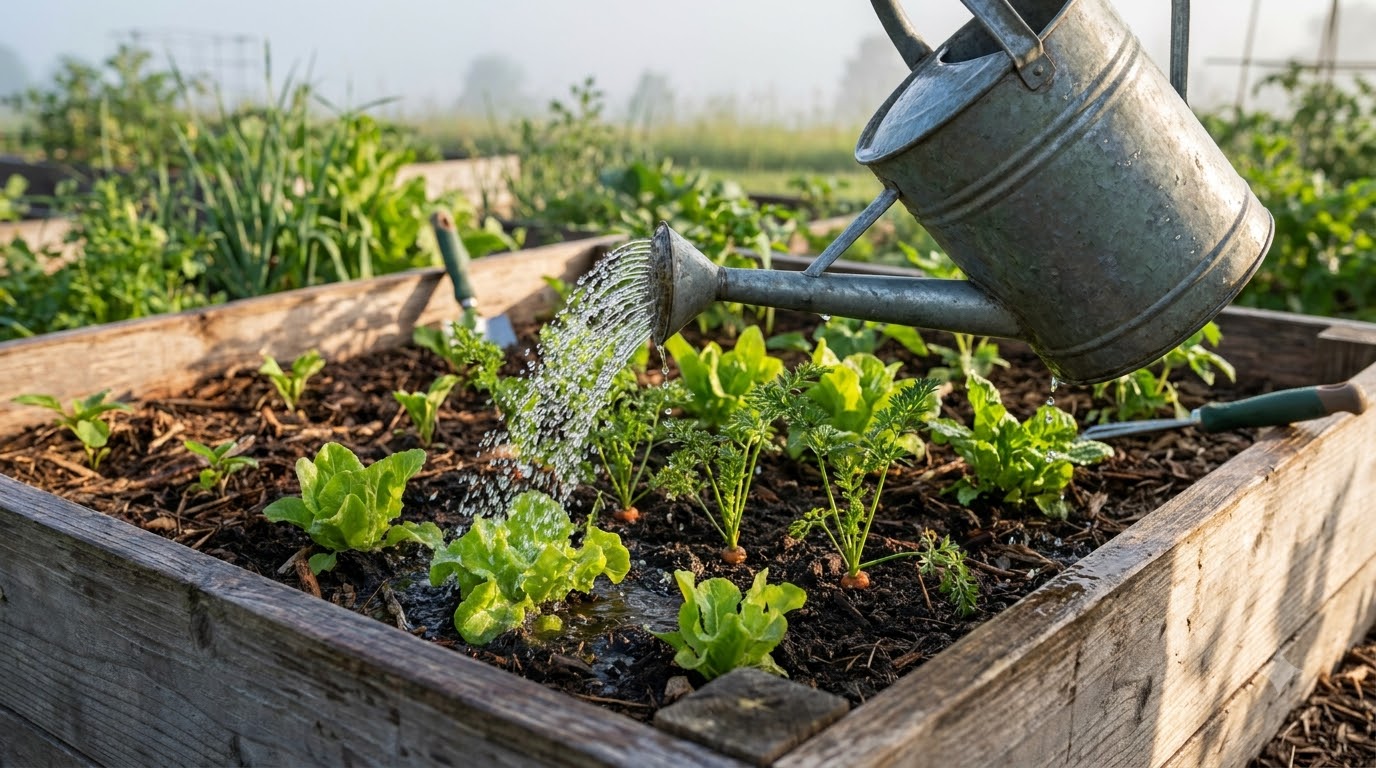Watering can soaking the soil at the base of plants in a raised bed
