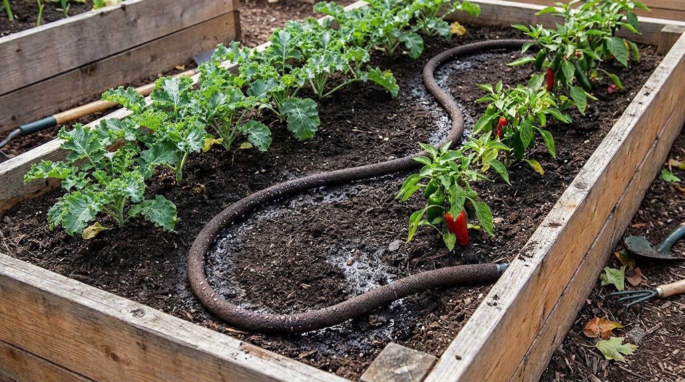 Soaker hose looped between rows of plants in a raised bed