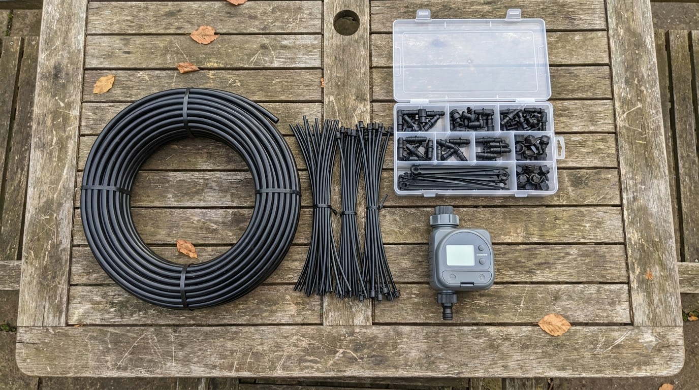 Drip irrigation kit parts laid out: tubing, emitters, timer and fittings