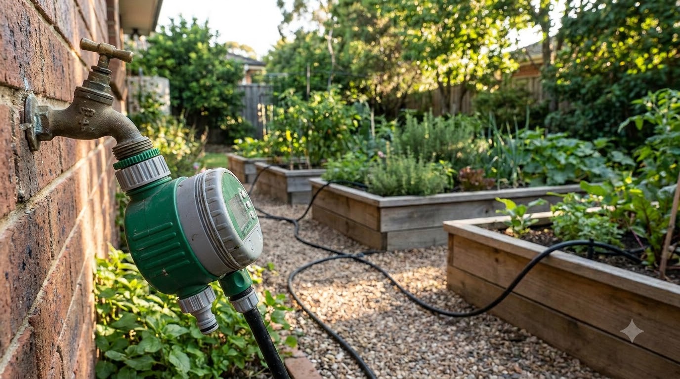 Battery hose timer attached to an outdoor spigot feeding a drip line