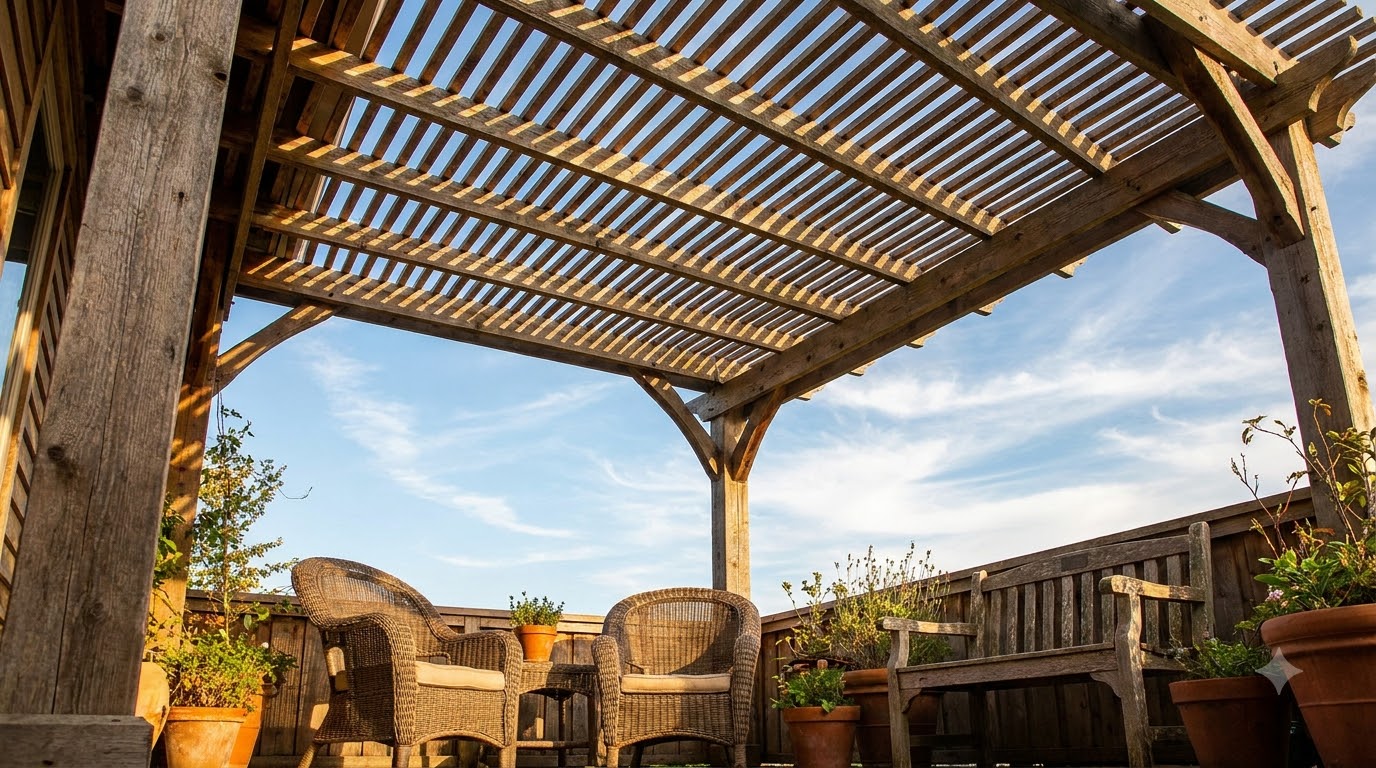 Striped shade pattern cast by pergola slats onto a patio seating area