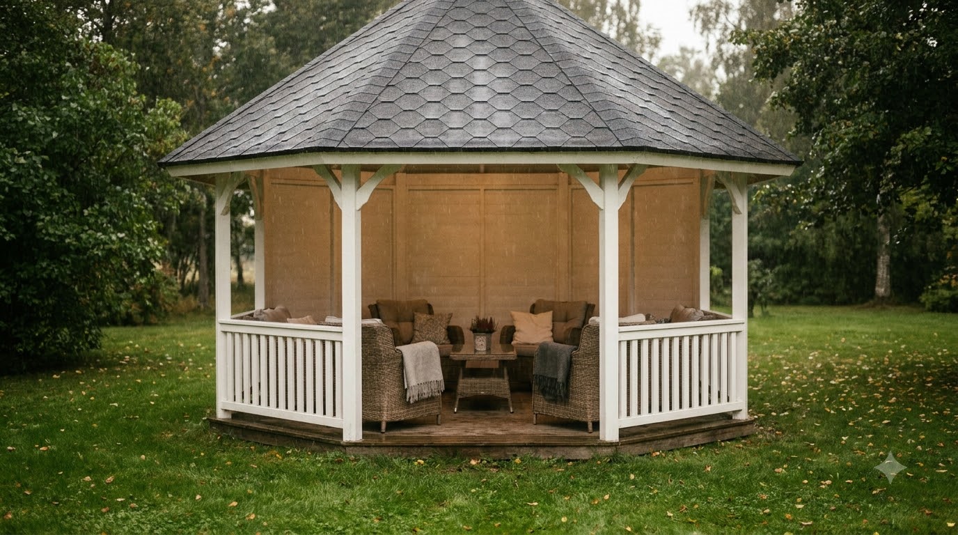 Gazebo with solid roof sheltering outdoor furniture during light rain