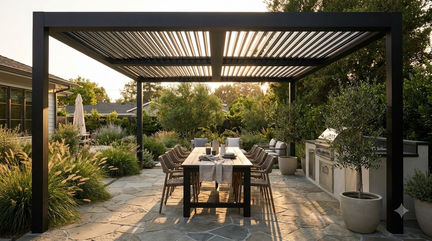 Modern aluminum pergola with adjustable louvered roof over an outdoor dining set