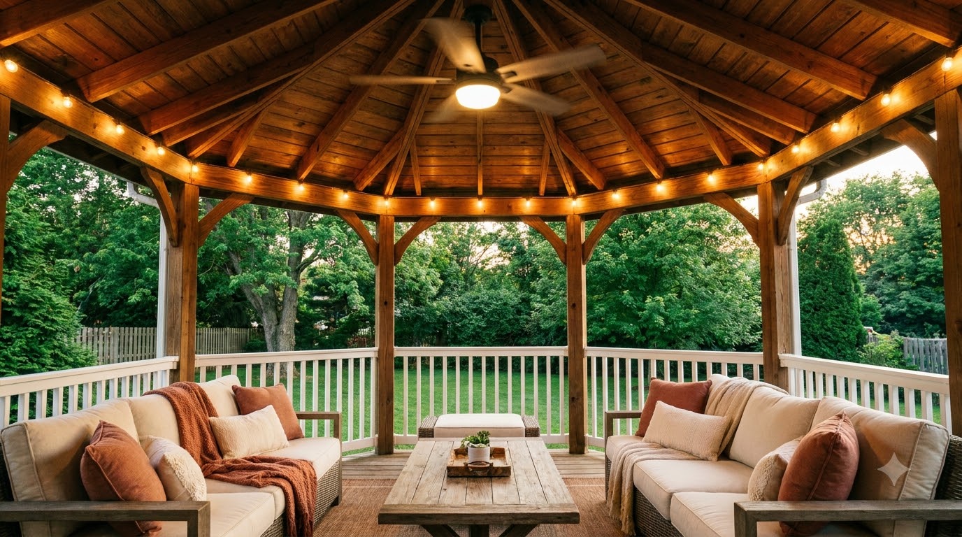 Inside a gazebo with railings, ceiling fan and comfortable seating