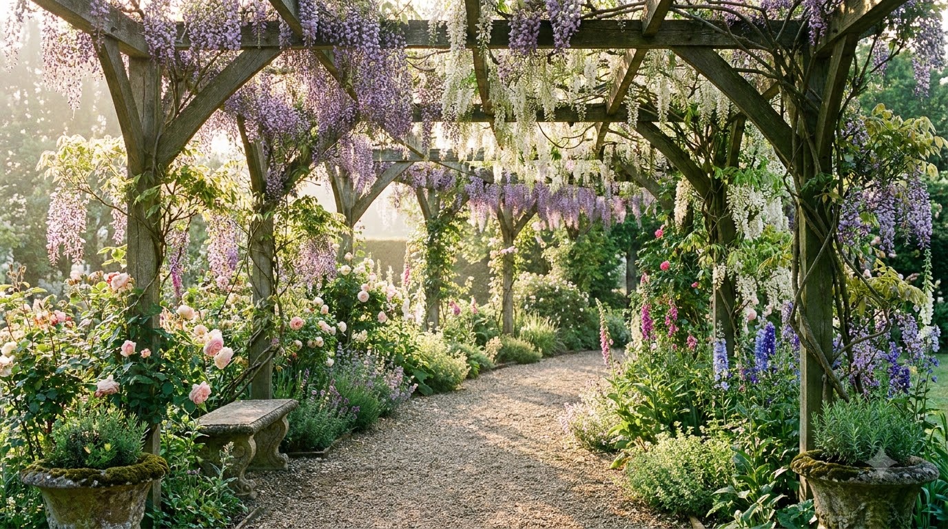 Traditional wooden pergola covered in climbing vines over a garden path