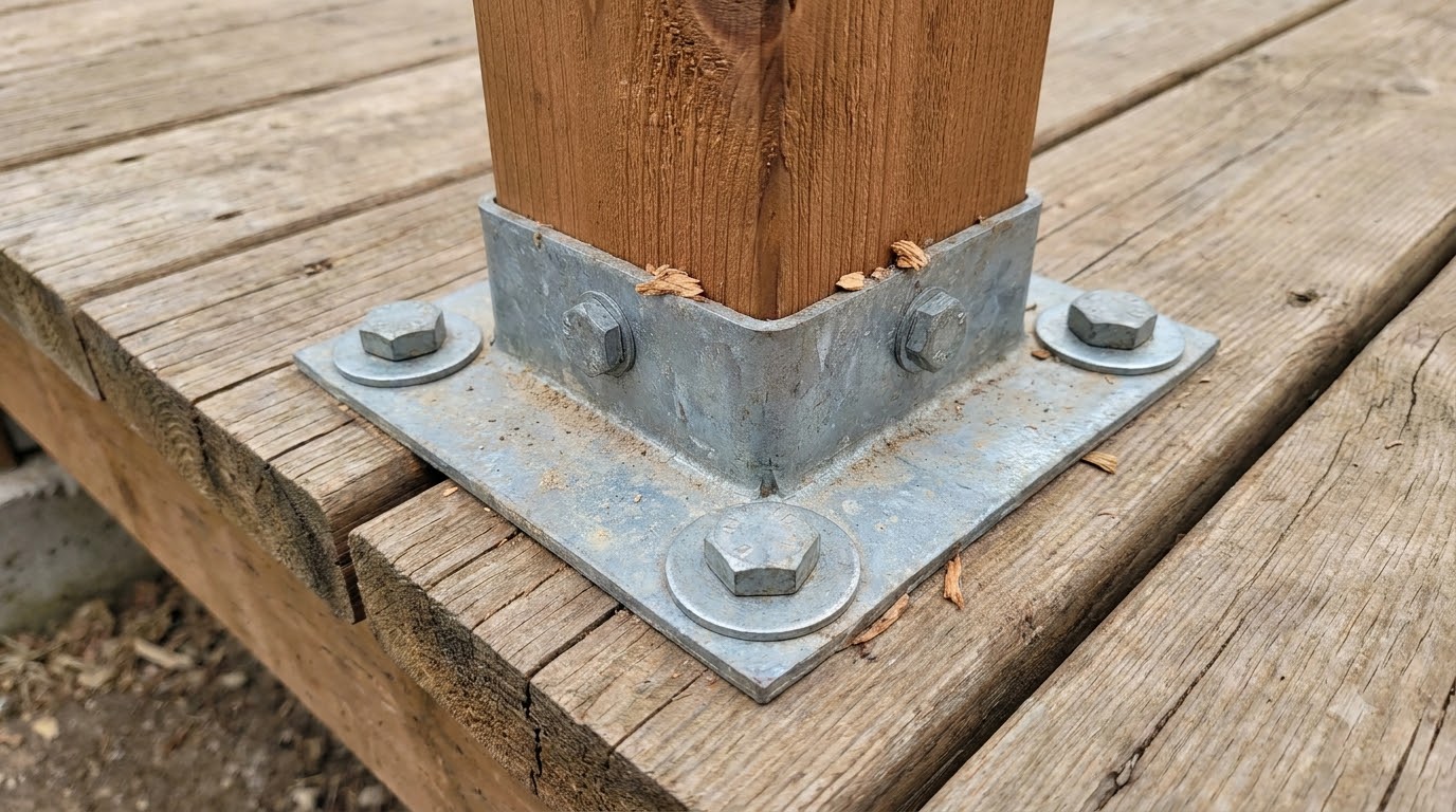Metal post base bracket bolted through deck boards into the frame below