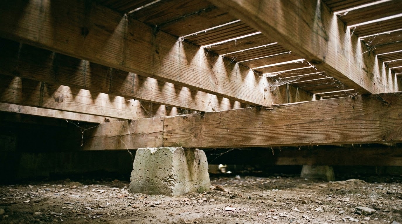 View under a deck showing joists, beams and a concrete footing