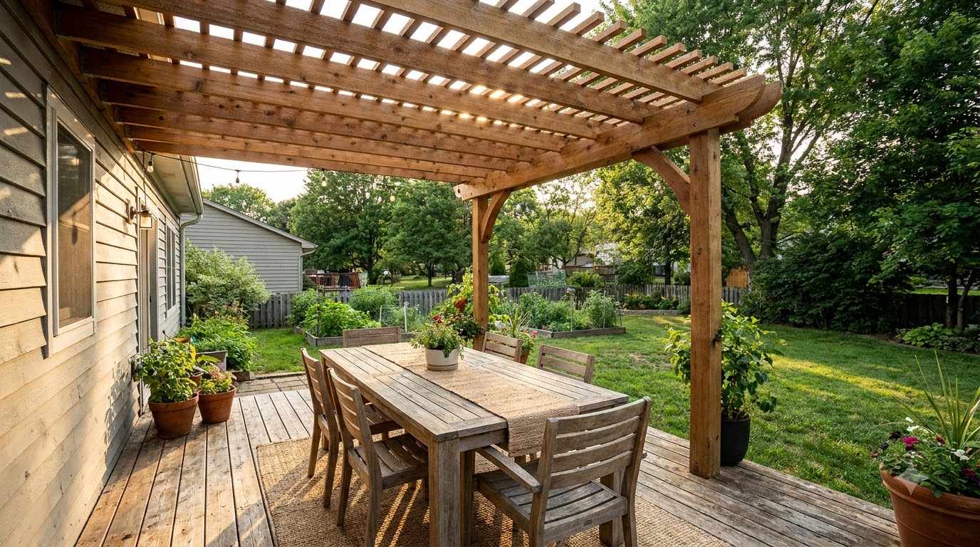 Pergola attached to house wall on one side and deck posts on the other