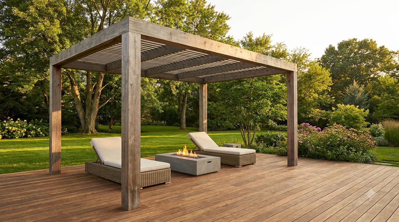Freestanding four-post pergola on a large deck away from the house