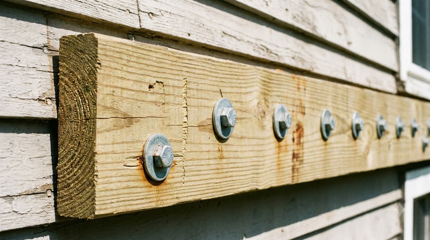 Ledger board bolted to a house wall with visible lag bolts