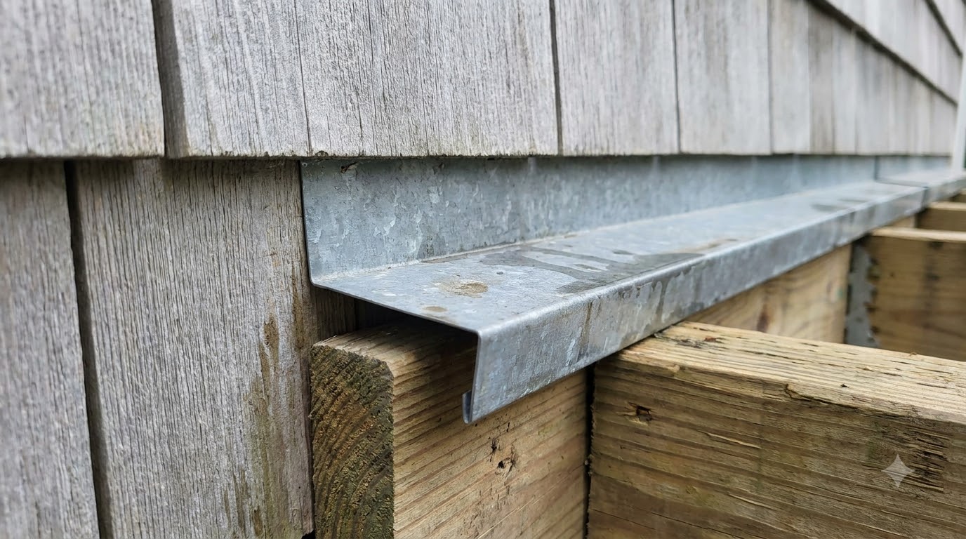 Metal Z-flashing tucked under siding above a ledger board