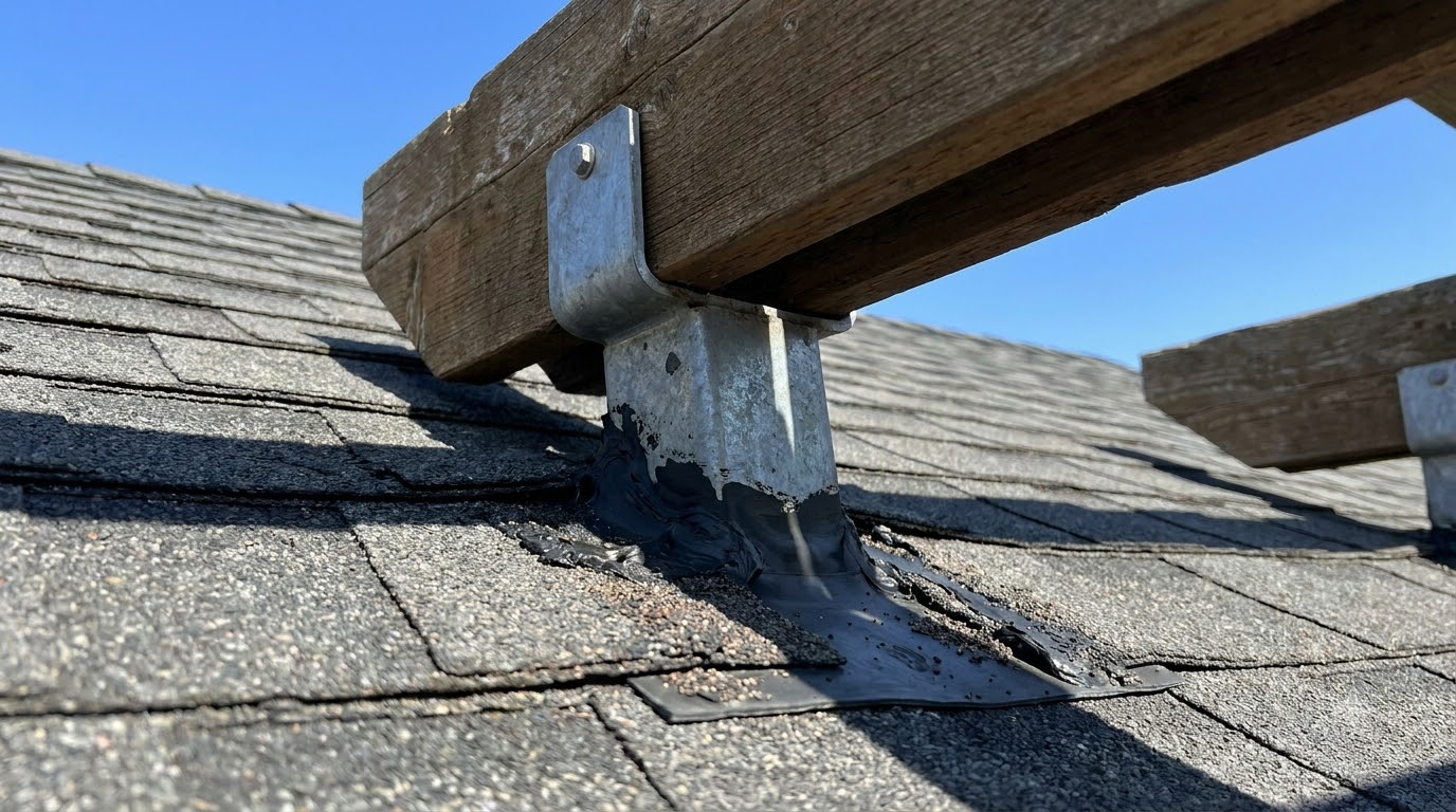 Pergola beam supported by roof-mount brackets rising through shingles