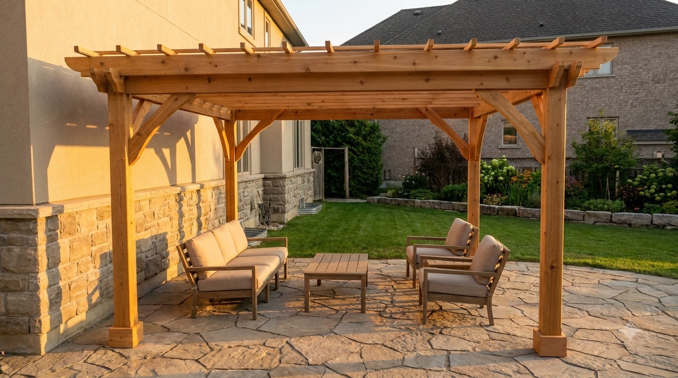 Freestanding pergola set just off a house wall over a patio