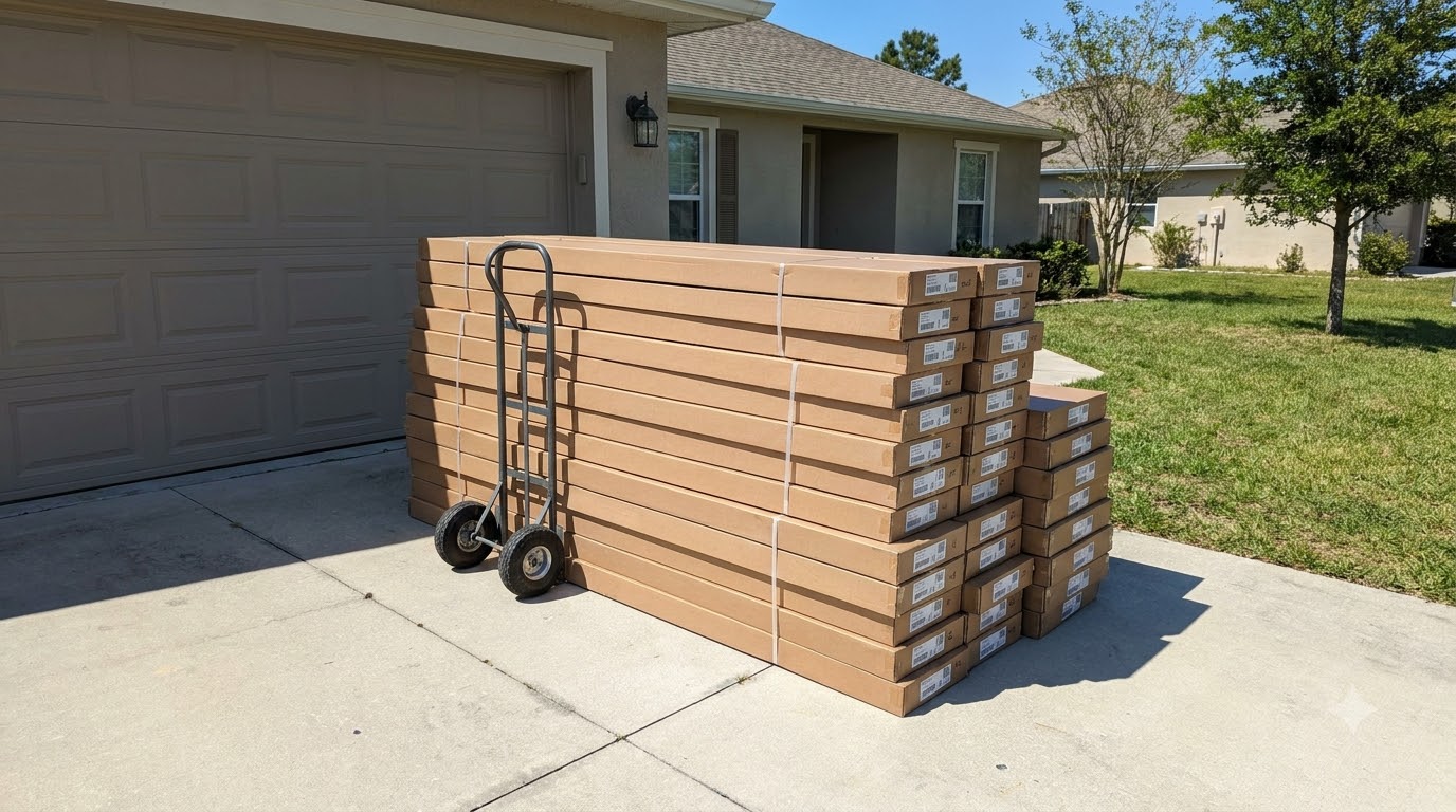 Flat-packed pergola kit boxes delivered on a driveway