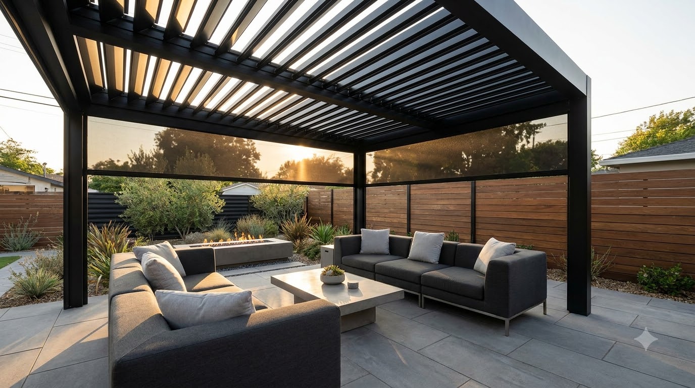 Modern aluminum louvered pergola over a patio lounge area