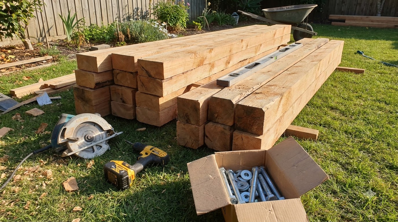 Homeowner tools and lumber laid out for a DIY pergola build