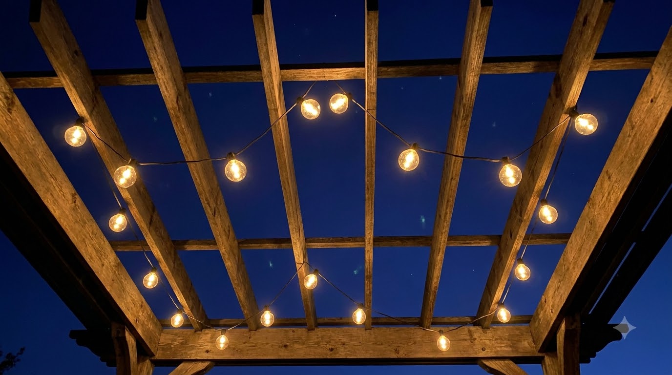 Globe string lights zigzagged across pergola rafters at night