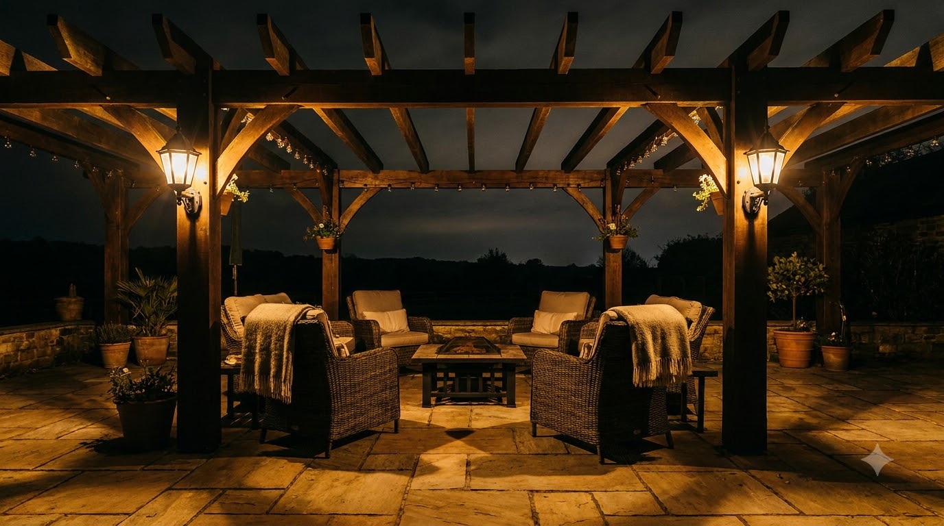 Wall lanterns mounted on pergola posts casting warm pools of light