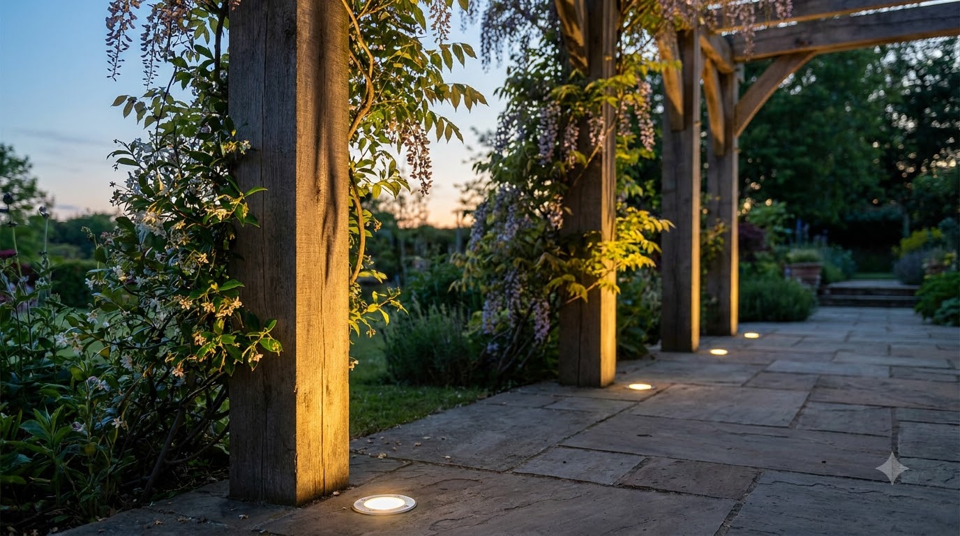 Uplights at the base of pergola posts highlighting climbing vines