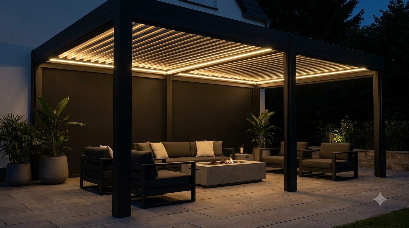 Modern aluminum pergola with integrated LED strips glowing under the beams