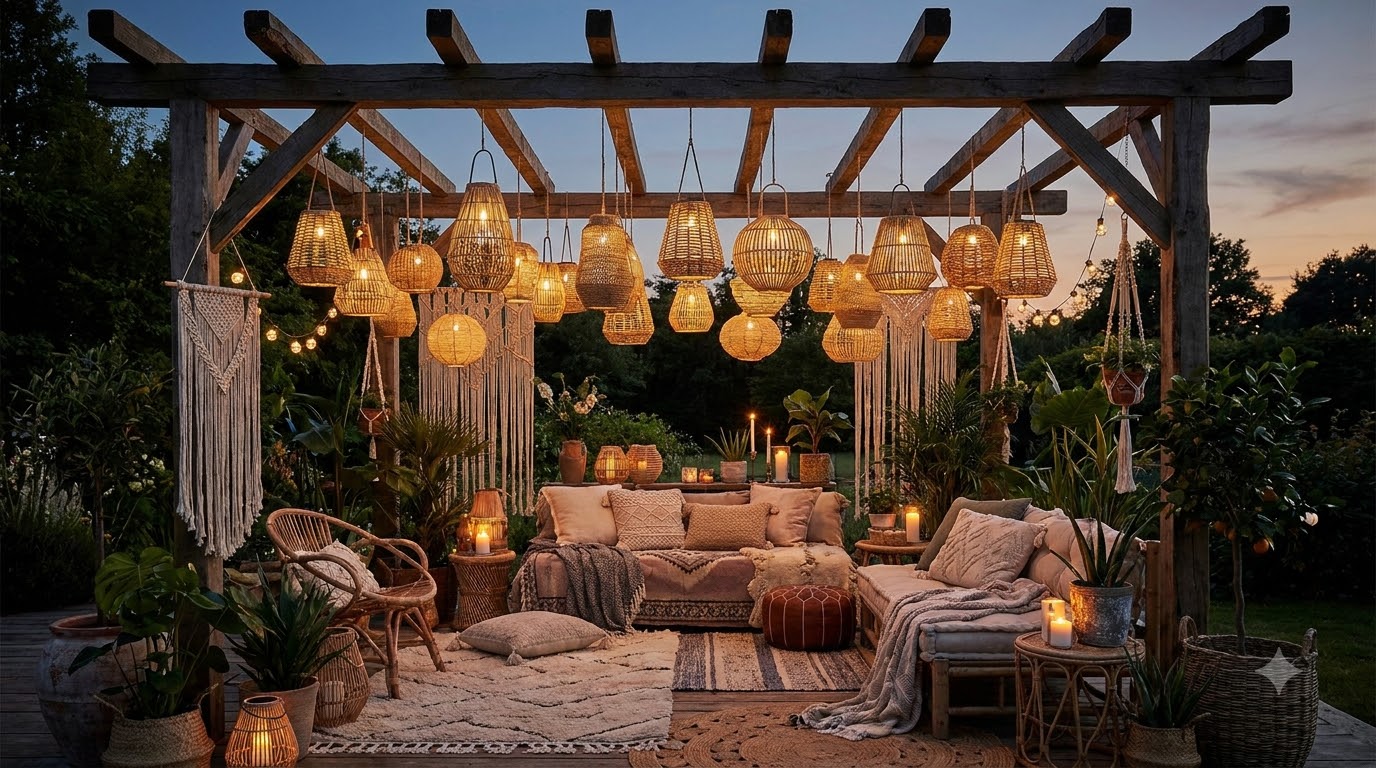 Solar lanterns hanging from pergola beams above a garden seating area