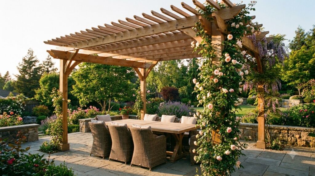 Cedar pergola over a patio dining area